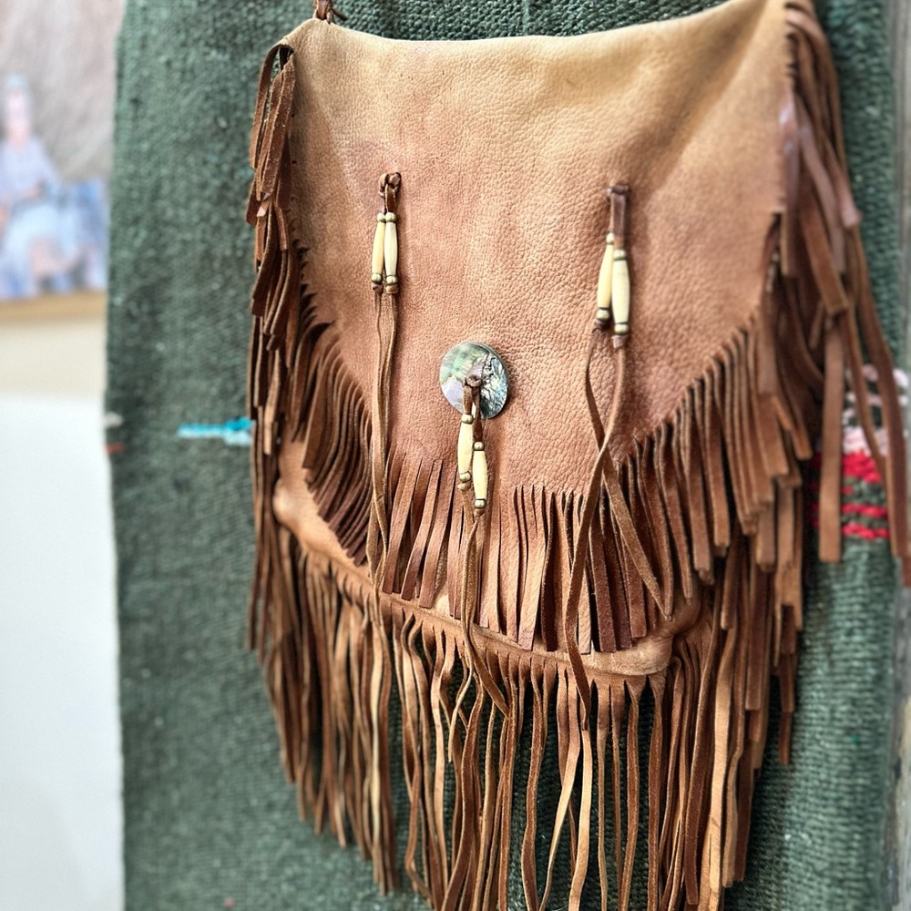 Fringed Tan Leather Bag Handmade unique